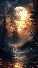 Full moon over misty forest waterfall at night.