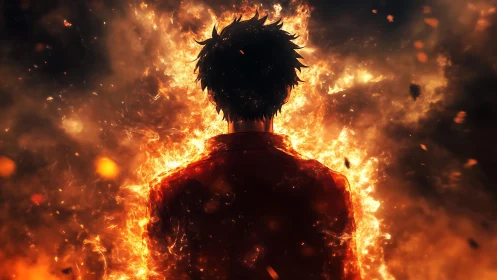 Backlit silhouette in engulfing flames with cinematic glow detailing