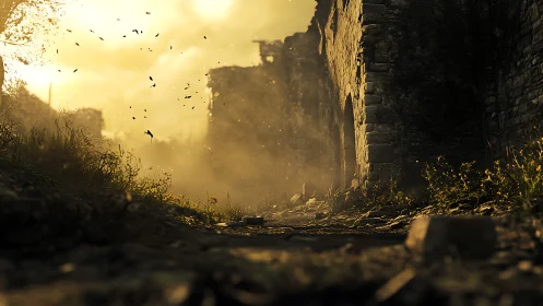 Sunlit ruins in swirling dusk dust along stone path.