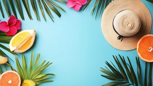 Summer straw hat with citrus slices on turquoise backdrop.