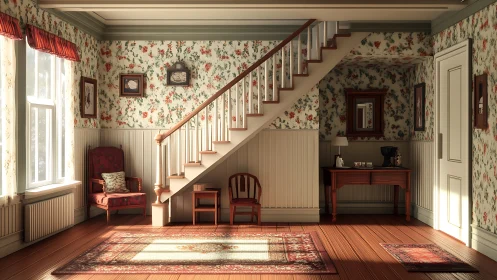 Sunlit floral hallway with central staircase and seating.