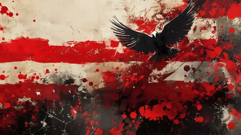 Soaring black eagle over splattered crimson stripes storming.