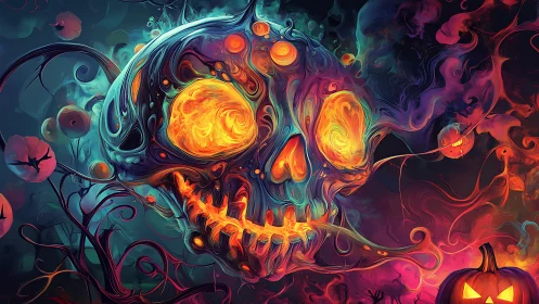 Neon inferno skull melts into swirling spectral smoke