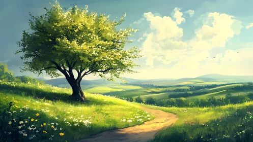 Solitary tree stands beside dirt path in sunlit valley