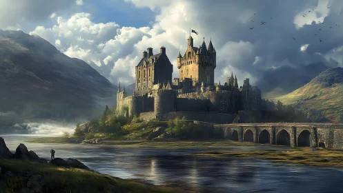 Stormlit highland fortress brooding above a silver river.