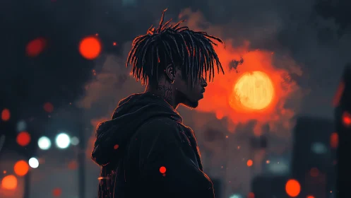 Side-lit urban profile under saturated red bokeh moon glow