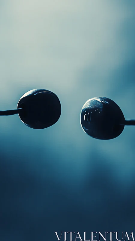 Minimalist close-up of dark earbuds in cool blue light.
