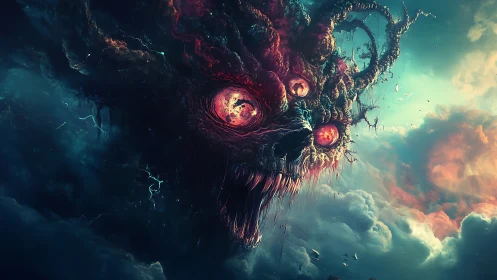 Stormborn cosmic horror grinning through painted clouds.