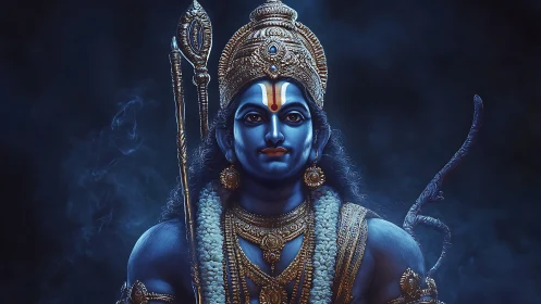 High-contrast blue deity portrait with ornate gold headdress and bow