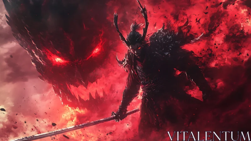 Crimson demon samurai strides through a storm of living fire.