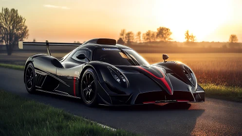 Sleek black hypercar glides through sunset countryside road.