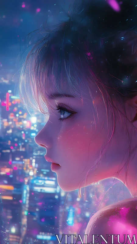 Neon city lights glow softly around a thoughtful anime girl