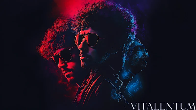 Neon selves orbit through smoke, splitting one cool silhouette