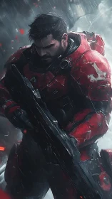 Armored infantry in red exosuit braces rifle under heavy rain