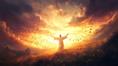 Radiant robed figure embracing glowing celestial sunrise field.