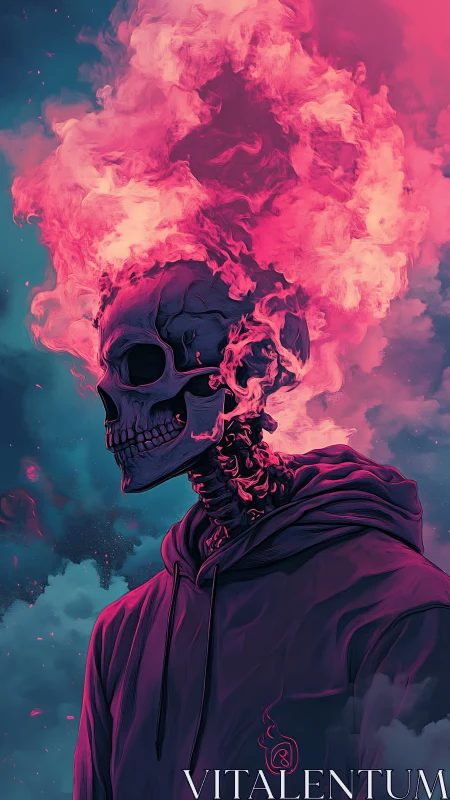 Flaming cranial skeleton in neon vapor clouded atmosphere.