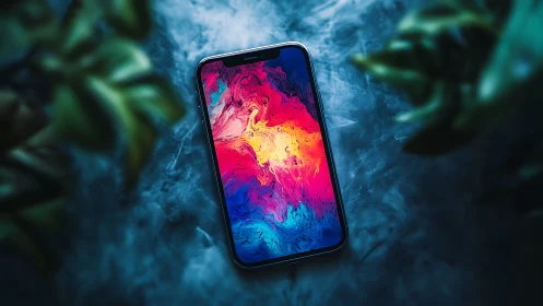 Smartphone with vibrant liquid color display on textured backdrop.