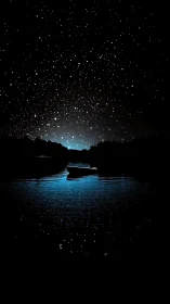 Lonely boat on starlit lake under deep night sky.