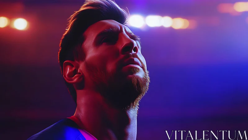 High-contrast stadium portrait under magenta and blue rim lights