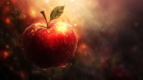 Red apple hangs under warm rain in dramatic backlight