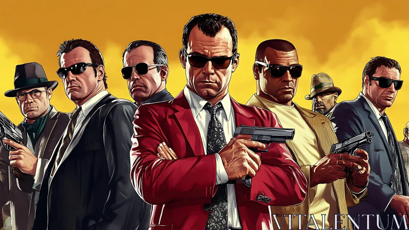 Cool suited crew stands united under bold golden skies.