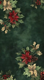 Christmas poinsettia border over dark green background.