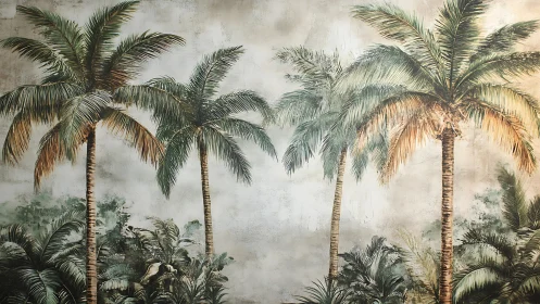 Palm tree canopy with muted tropical foliage backdrop.