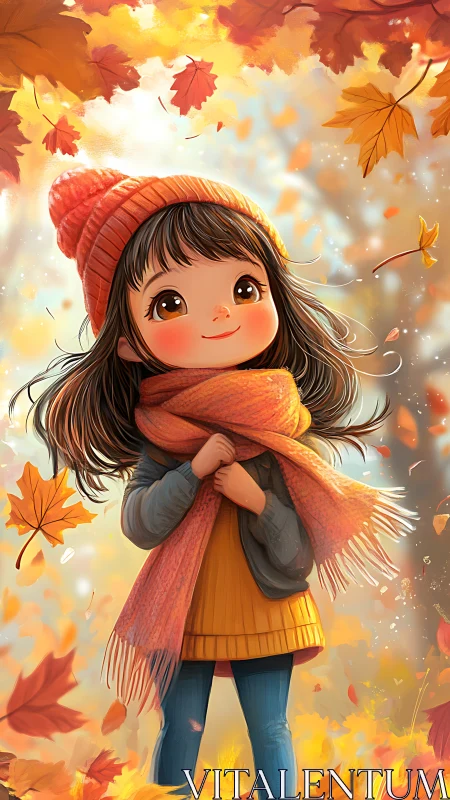 Girl in orange scarf stands among swirling autumn leaves