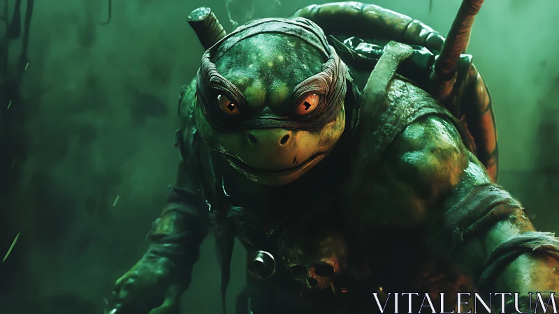 Grimy sewer warrior turtle stalks through emerald fog.