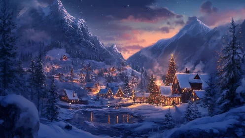 Snow-covered mountain village is illuminated at winter dusk