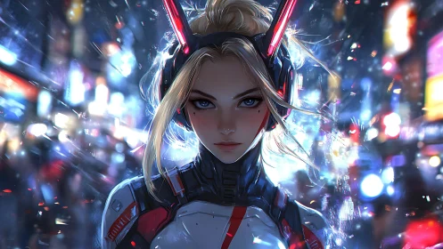 Cyberpunk heroine portrait in neon-lit urban battlefield.