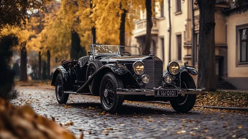 Vintage black roadster parked on cobbled autumn street.