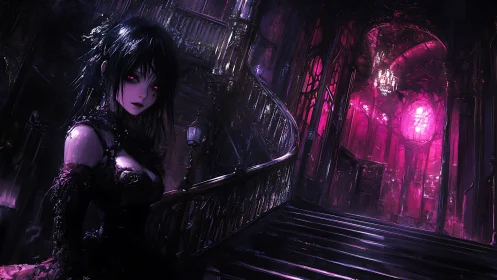 Gothic vampiric maiden in neon-lit cathedral staircase.