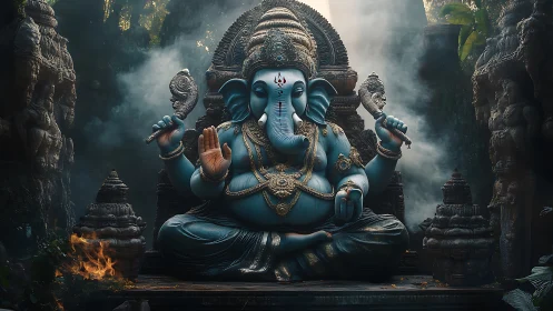 Highly detailed blue Ganesha statue in misty jungle shrine