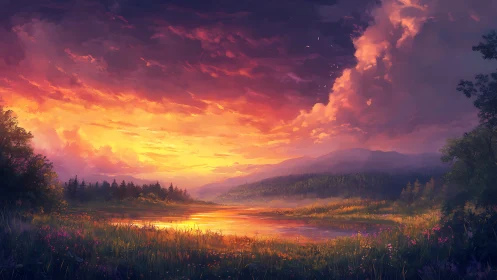 Luminous sunset over tranquil lake and wildflower meadow.