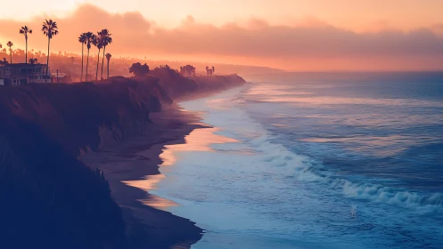 Sunset coastline with surf, cliffs and palm tree silhouettes.