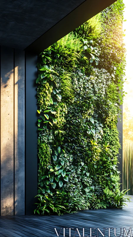 Vertical green wall installation with dense layered foliage composition.