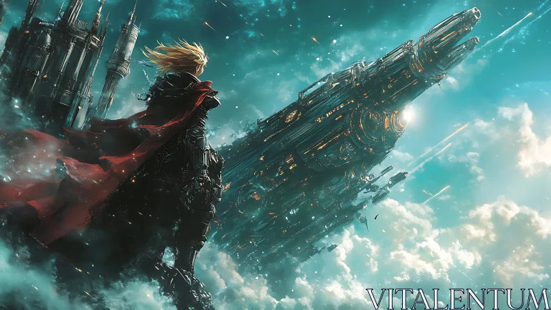 Lone sky warrior watching a gleaming starship ascend.