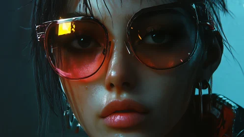 Close cyberpunk portrait with reflective red glasses.