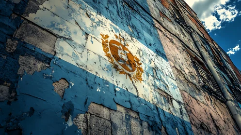 Weathered wall mural of national tricolor and emblem.