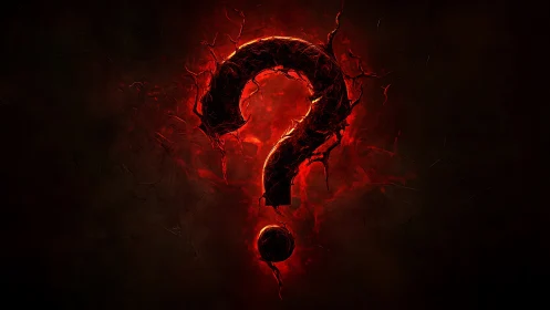 Incandescent question mark sculpted in molten ember textures.