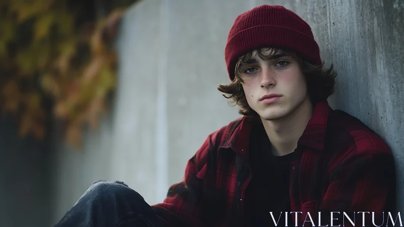 Quiet autumn afternoon with a thoughtful teen in red flannel.