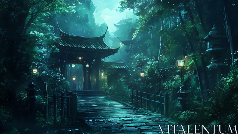 Moonlit rain polishes a hidden temple path in jade light