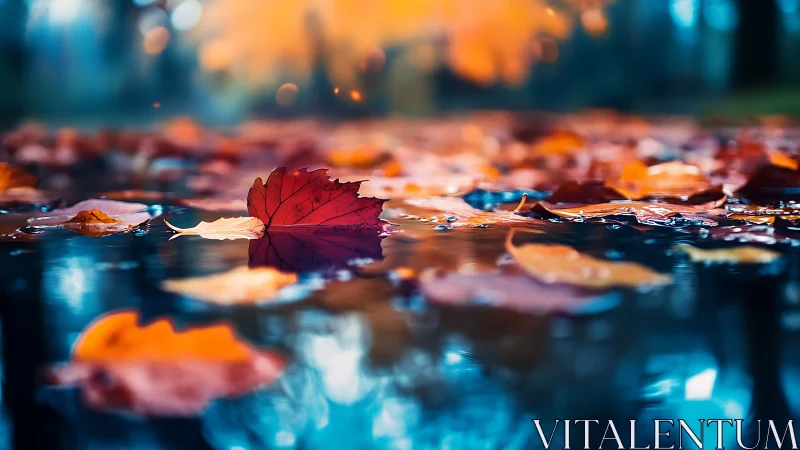 Autumn leaf on reflective water with soft colorful bokeh.