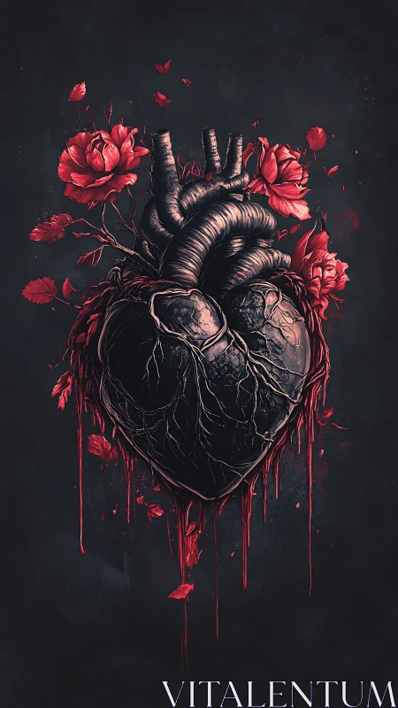 Anatomical heart with rose flowers and blood drips on dark background