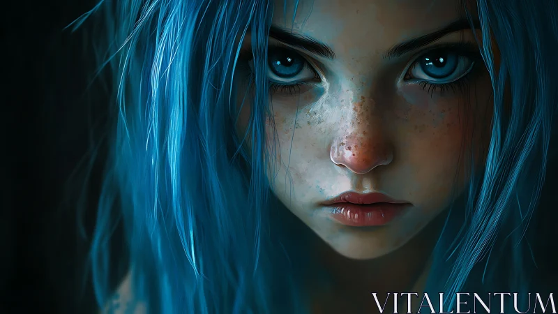 Blue-haired girl stares intensely with luminous eyes in shadow.