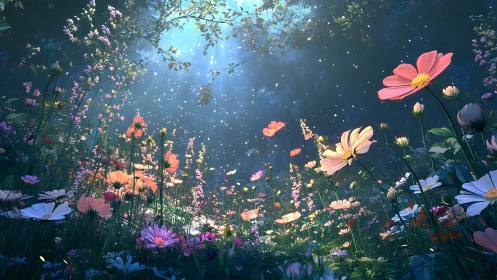 Luminous wildflower field rendered with volumetric lighting effects
