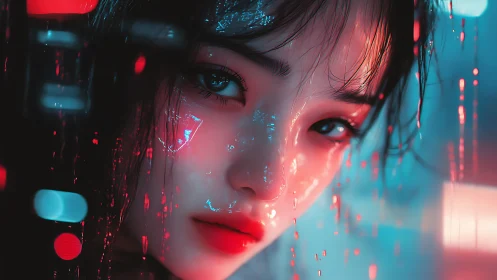 Cybernetic rain portrait with neon chromatic specular mapping.