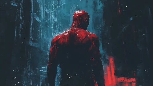 Digital painting of lone vigilante in neon-soaked alleyway nocturne.