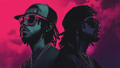 Dual hip hop portraits in neon pink and purple hues.